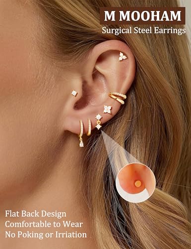 M MOOHAM Flat Back Earring Stacks for Women, Hypoallergenic 14k Real Gold Plated Hoop Stud Cartilage Earrings Stack Set Small Cute Helix Huggie Hoop Drop Earrings Trendy Jewelry Gifts for Women - color: 14K-Gold-Plated