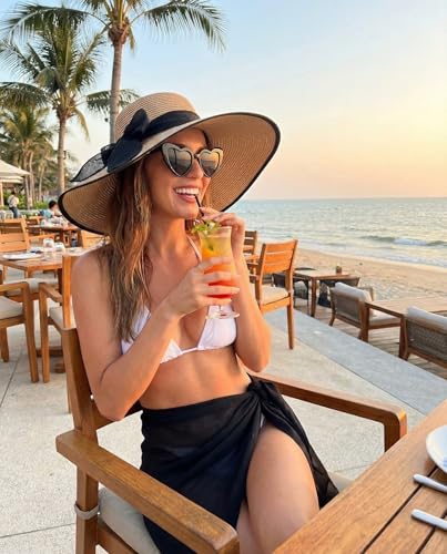 3 Pcs Summer Beach Set for Women Wide Brim Straw Sun Hat, Swimsuit Coverup Sarong, Heart Sunglasses - color: Black