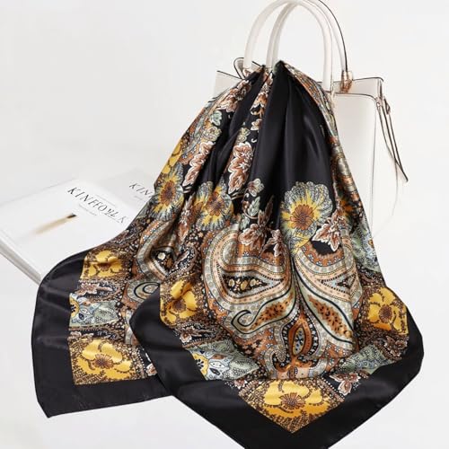Large Square Head Satin Scarf Silk Feeling Hair Scarf 35"Head Scarves Bandana for Women Headscarfs for Women's Hair - color: C1-black