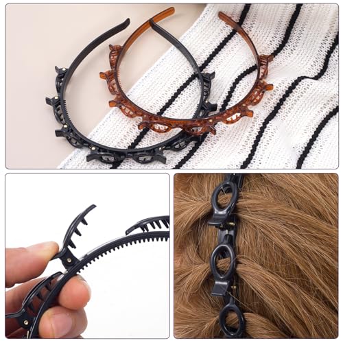 2 Pcs Headband with Clips, 90s Butterfly Hair Clips Headband with Teeth for Women, Braided Weave Bangs Non-Slip Clip Headbands Hair Accessories for Styling Decoration- Black, Light Brown - color: 2 Pcs,Black & Light Brown