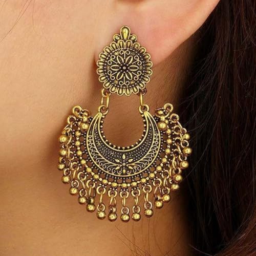 Boho Antique Carved Flower Dangle Drop Earrings for Women Vintage Retro Handmade Hollowed Antiqued Bronze Floral Shaped Geometric Gold Silver Plated Hoop Earrings for Ethnic Style Jewelry Gifts - color: Gold tassel