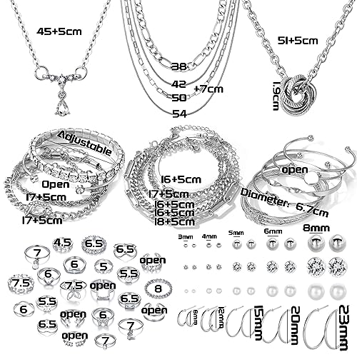 IFKM 36 PCS Silver Plated Jewelry Set with 3 PCS Necklace, 12 PCS Bracelet, 7 PCS Ear Cuffs Earring, 14 Pcs Knuckle Rings for Women Valentine Anniversary Birthday Friendship Gift - color: 41pcs Fashion Silver