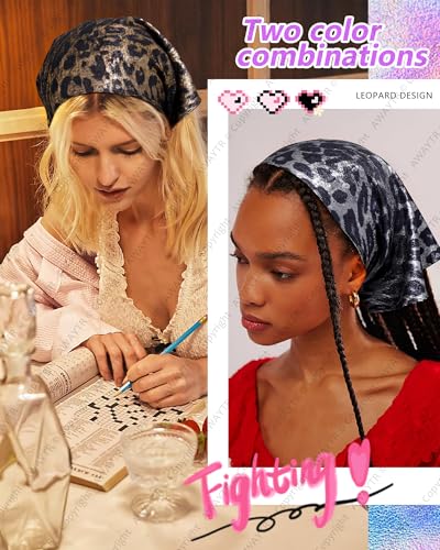 AWAYTR Y2K Hair Bandanas for Women Hair - 2Pcs Punk Head Wraps for Girls Hair Scarf Grunge Disco Head Cover - color: Leopard (White/Gold)