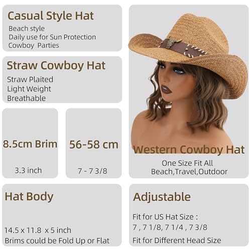 Straw Cowboy Hat, Western Cowgirl Hat, Wide Brim Sun Beach Hat for Men and Women - color: Khaki-m22