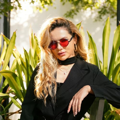 FEISEDY Aviator Sunglasses for Men Women, Retro Steampunk Gothic Round Metal Frame Hippie Glasses B2351 - color: Black Frame With Red Lens and Black Leg