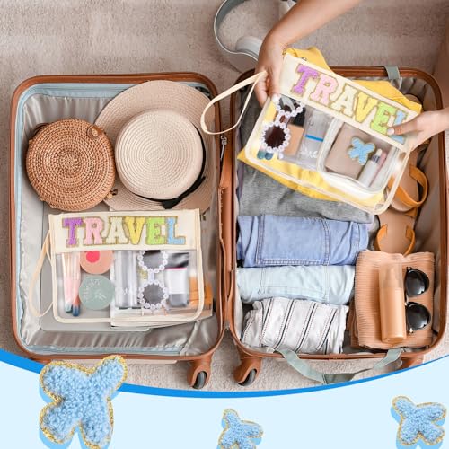 Hillban 2 Pcs Clear Travel Bags Chenille Letter Makeup Cosmetic Toiletry Bags Weekend Gifts Preppy Patch Zipper Pouch for Travel Waterproof Flat Portable Storage Purse for Women - style: Travel Theme