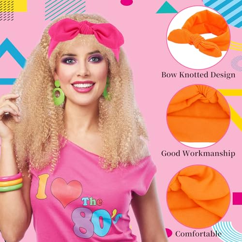 KICOSY 4PCS Neon Bow Headbands for Women - 80s Style Colorful Knotted Hair Bands, Retro Workout & Casual Hair Accessories