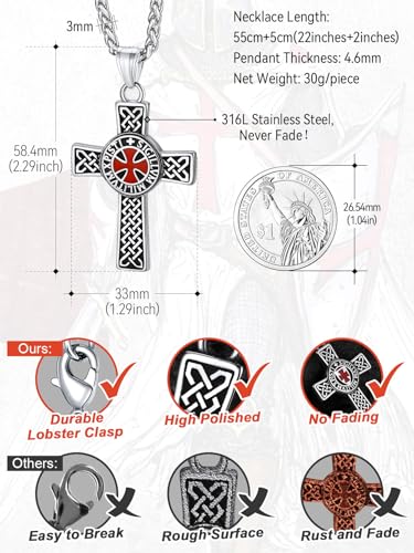FaithHeart Knights Templar Necklace for Men, Christian Necklace for Men Stainless Steel Pendant Neckalces Christian Gifts with Gift Box - color: 02. Cross-Silver