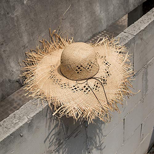 Sun Hat Women Raffia Straw for Sun Hat Big Brim Floppy Fringe Hollow Sunscreen Bucket