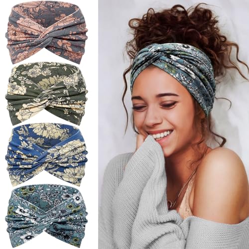 Wide Headbands for Women's Hair, 4 Pcs Hair bands – Vintage Turban Elastic Head Bands Adult Women Soft Head Wraps Knotted for Yoga & Workout – Summer Fashion Hair Accessories(Green flowers) - color: Green flowers