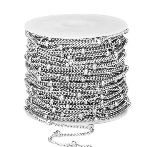 33 Feet Stainless Steel Satellite Curb Chain Roll, 2mm 304 Stainless Steel Ball Beaded Twisted Link Chains Spool Bulk for Jewelry Making DIY Craft - color: Stainless Steel Small Beads Satellite Curb Chain