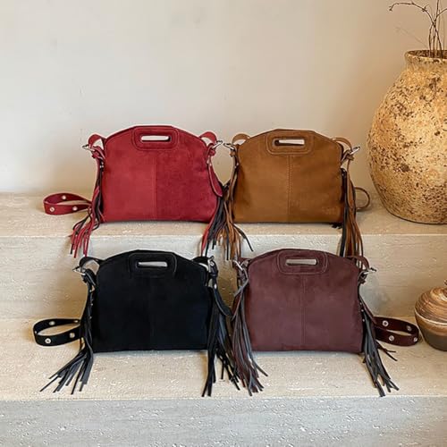 Women's Suede Fringe Crossbody Bag, Retro Hollow Handle Shoulder Purse, Novelty Fashion Tassels Bucket Bag Handbag - color: Coffee