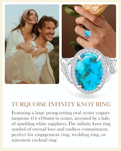 AIBAO 4-12 Ct Large Oval Engagement Rings for Women Natural Turquoise/Lapis Lazuli/Malachite Celtic/Infinity/Love Knot Halo Ring Size 6 to 10 Anniversary Christmas Valentines Gift - style: 4.6 Ct Blue Turquoise & Created White Sapphire