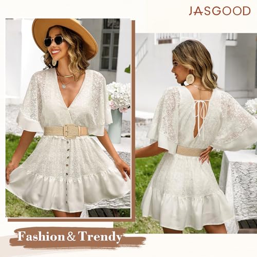 JASGOOD Women Wide Woven Belt for Dresses Rattan Waist Belt Braided Boho Belt with Square Buckle - color: Khaki, size: Fit Waist Size 23-27inch