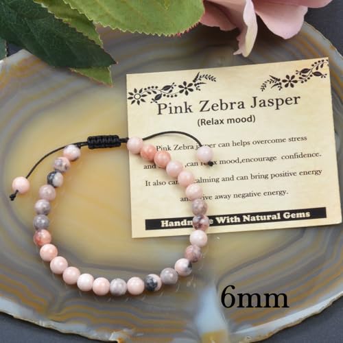 468Handmade Adjustable Natural Gemstone Crystal Bracelet Healing Power Energy Inspirational Gifts with Card for Unisex - color: 07-Pink Zebra Jasper(Relax mood), size: 6mm