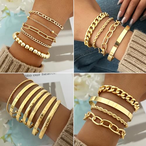 FAXHION 68 Pcs Gold Jewelry Set for Women with 7 Necklace, 17 Bracelet, 5 Hoop Earrings, 15 Stud Earrings, 24 Knuckle Rings for Women Jewelry Set for Women Gift - color: gold jewelry