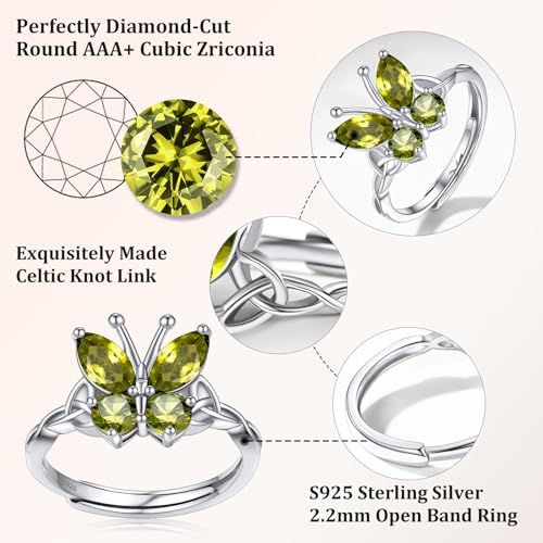 Bestyle 925 Sterling Silver Butterfly Ring Hypoallergnic Adjustable Birthstone Rings for Women Butterfly Jewelry Gifts for Anniversary Mothers' Day Birthday - color: 08.August (Peridot)-Ring