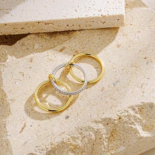 YOIHUR 14K Gold Plated Stackable Rings for Women Non Tarnish, 3 Ring Set with CZ Cubic Zirconia，Interlocked Stackable Rings，Gold and Silver Connected Bands Stacking Jewelry