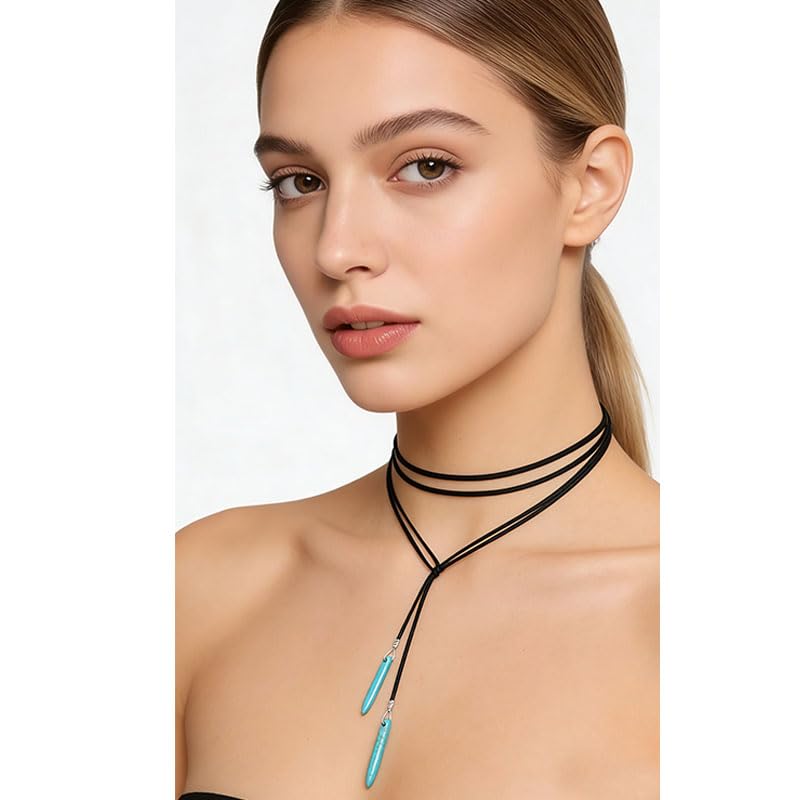 ONLYJUMP Boho Turquoise Leather Choker Necklace for Women Bohemian Handmade Leaf Layered Black Brown Suede Western Cowlady Necklace Western Country Party Jewelry Gifts - style: Black