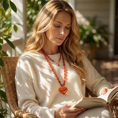Coiris Chunky Heart Necklace for Women Statement Beaded Pendant Boho Christmas Necklace Gifts for Women - color: Amber, size: Long