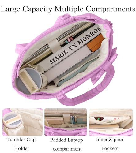 CTWWFS Puffer Tote Bag for Women, Quilted Bow Tote Bag with Cup Holder & 15.6 In Laptop Compartment for Work, Travel, Gym - color: Purple