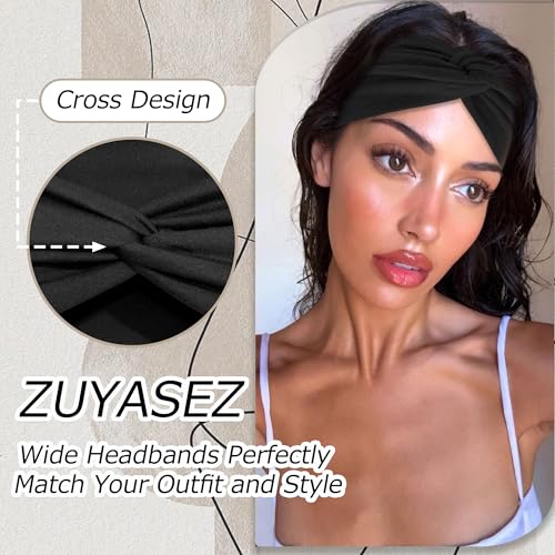 4 Pack Wide Headbands for Women Twist Headbands Stretchy Boho Turban Hair Band Non Slip Workout Women Head Wraps Accessories (Black) - color: Black