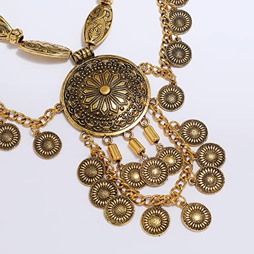 Vintage Engraved Coin Tassel Statement Collar Necklace for Women Ancient Gold Carving Big Round Layered Bohemia Long Chain Choker Gypsy Ethnic Boho Bib Exaggerate Pendant Personalized Retro Jewelry Gifts