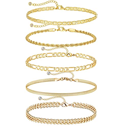 DEARMAY 14K Gold Plated Ankle Bracelets for Women Waterproof - Dainty 6Pcs Anklets Layered Cuban Link Chain Herringbone Cute Anklets Set Pack Summer Beach Jewelry Gift for Women Teen - color: Gold Anklet F