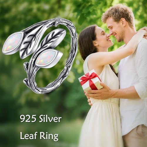 POPLYKE Sterling Silver Spoon Ring Vintage Thumb Rings Boho Adjustable Open Ring Statement Jewelry Gifts for Women - style: A-Opal Leaf