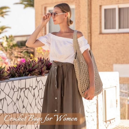Tavaleu Crochet Tote Beach Bags for Women, Mesh Beach Tote Knit Bag, Summer Vacation Aesthetic Boho Hobo Shoulder Bag - color: Dark Khaki - Grid