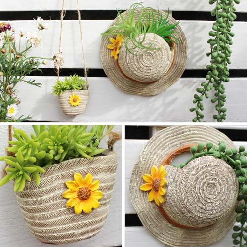 Resin Bag and Straw Hat Succulent Planter,Boho Straw Hat Wall Hanging Flower Pot,Garden Decorative Hanging Flower Pot with Drainage Hole,Plant Container Gift - color: Design-1