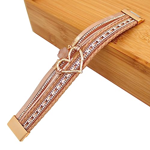 Womens Multi Layer Heart Leather Wrap Bracelet Boho Stackable Cuff Bangle Magnetic Clasp Crystal Birthday Valentine Gift - color: Rose-gold
