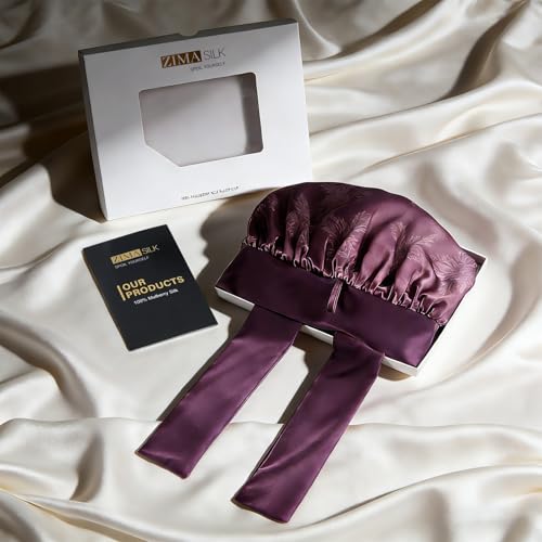 ZIMASILK 100% Mulberry Silk Bonnet for Sleeping Women Long Hair Double Layer Silk Hair Wrap with Tie Band Stay On Head (1Pc, Dark Mauve) - color: Dark Mauve-clover Crest
