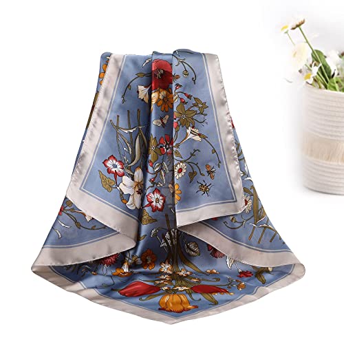 AWAYTR 27.5” Silk Satin Square Head Scarf - 4PCS Satin Head Scarves for Women Hair Kerchief Bandanas Sleeping Head Wraps - color: Print (Black/Gray/Coffee/Cyan)