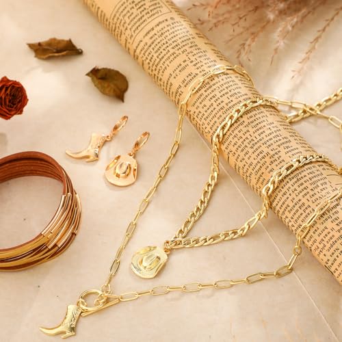 Inbagi 3 Pcs Boho Western Jewelry for Women Turquoise Jewelry Set Vintage Earrings Bracelet Western Bohemian Necklace for Women Cowboy Cowgirls - style: Gold