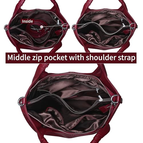 Iswee Genuine Leather Shoulder Bags Purses and Handbags for Women Satchel Designer Cross Body Hobo Medium Size Tote - color: Wine