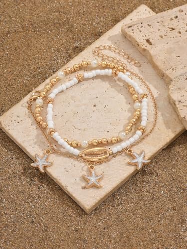 INENIMARTJ Shell Anklet Bracelet for Women Gold and White Beaded Elastic Stack Ankle Bracelet Hawaiian Beach Seashell Starfish Anklet Puka Shell Starfish Foot Jewelry for Women Beach Accessories - style: style C