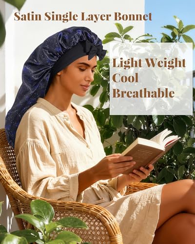 AWAYTR Long Satin Bonnet for Braids - Elastic Silk Hair Bonnets for Sleeping Night Cap Stretchy Tie Band for Women(Midnight) - color: Midnight