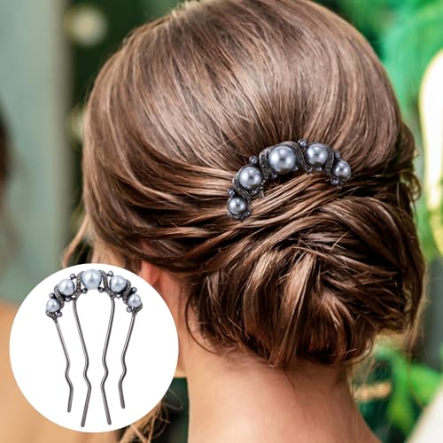 2 Pcs Pearl Hair Pins U Shaped, Elegant Vintage French Pearl Hair Comb, French Twist Hair Pin for Brides, Bridesmaid, Party, Daily, Holiday (Gold, Gun Black - Rhinestone) - color: Gold, Gun Black (Rhinestone)