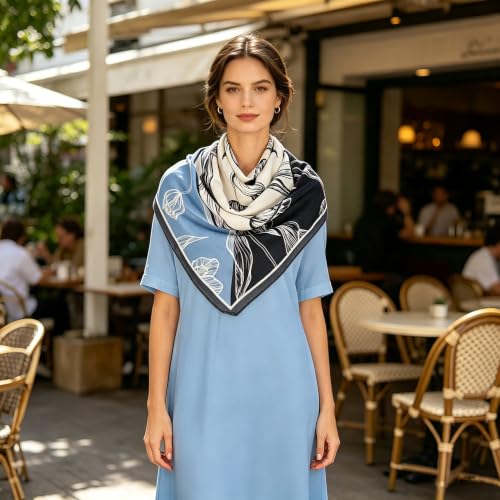 35" Head Scarf Large Square Scarf Like Cotton Hairscarf Fashion Scarves Bandana Night Sleeping Wraps for Women B01 - color: Black/Blue Tulips