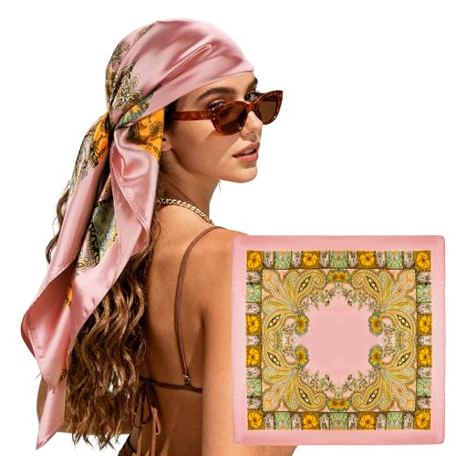 Large Square Head Scarf Bandana - 35" Satin Hair Scarf for Women Like Silk Scarf Fashion Hair Wrapping - color: Paisley(pink), size: 35IN*35IN