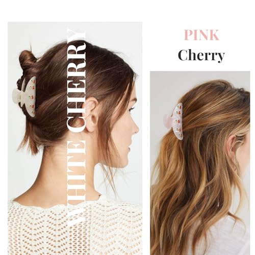 2PCS Cherry Hair Clips for Women Girls – Kawaii Fruit Medium Unique Claw clips, Trendy Handmade Look Acetate Hair Accessories for Thin Hair - color: Cherry Pink and White
