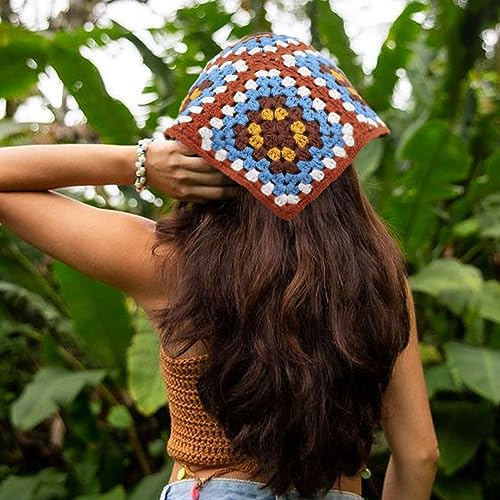 DRESHOW Floral Crochet Hair Bandana Tie Knotted Headscarf Vintage Headband Knitted Head Kerchief for Women Girls - color: 2 Pcs Floral (Burgundy + Khaki)