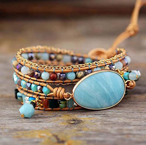 Women Wrap Bracelet Boho Natural Jasper Crystal Stone Beads Strand Bracelets - color: Amazonite