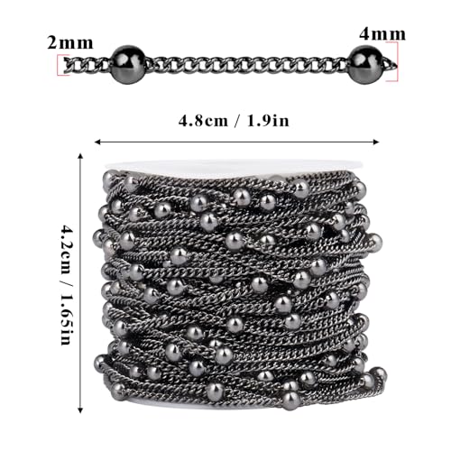 33 Feet Gunmetal Satellite Bead Chains, 2mm 304 Stainless Steel Black Ball Beaded Twisted Curb Chains Spool Bulk for Jewelry Making DIY Craft - color: Black Big Beads Satellite Curb Chain