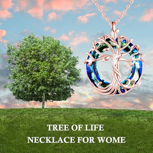 TOUPOP Tree of Life Necklace Gifts for Women 925 Sterling Silver Family Tree Pendant with Crystal Birthday Irish Jewelry Gifts for Women Her Wife Mom - color: 02-Rose Gold-Blue Crystal