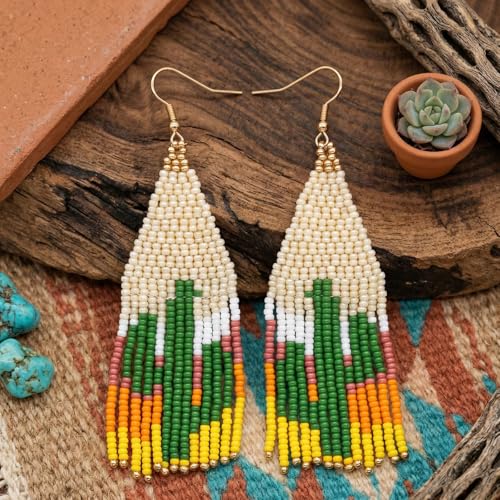 Flower Black Beaded Long Tassel Western Native American Earrings For Women Dangling - color: zactus