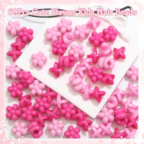 NAISKA 60Pcs Hot Pink Flower Kids Hair Beads Cute Beads for Hair Tiny Hair Beads for Braids Small Pony Dreadlock Beads Loc Beads Acrylic Beads Girls Braid Clips Accessories - color: Pink, Rose Red