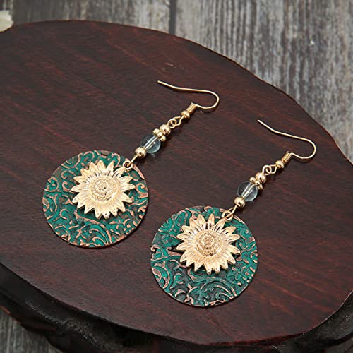 Boho Teardrop Earrings, Handmade Copper Bohemian Earrings, Dangle Antique Ethnic Jewelry for Women - color: Sunflower