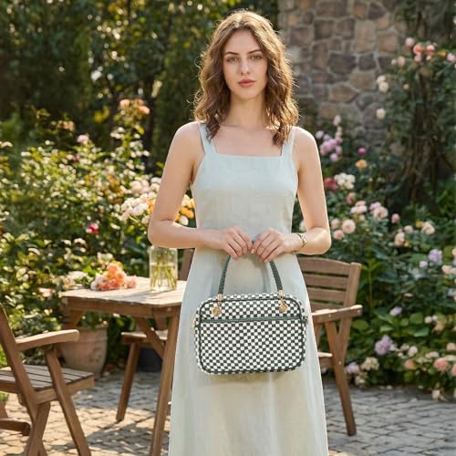 Chic Woven Crossbody Camera Bag, Soft Vegan Leather Purse with Designer Look & Braided Handle - color: Green and White Checkered